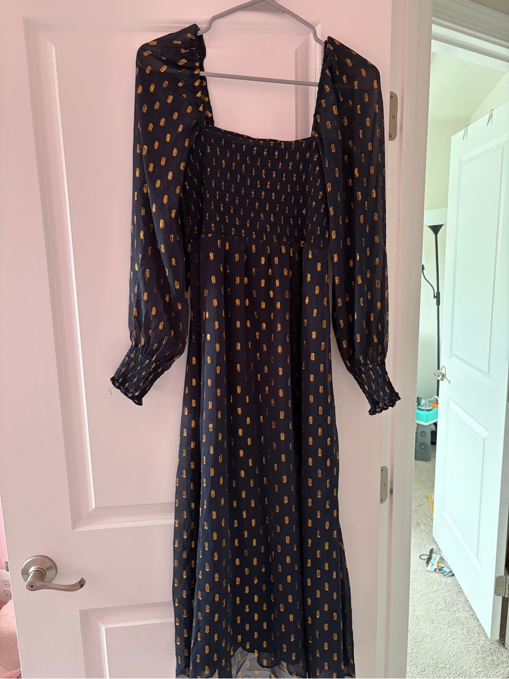 Black Midi Dress with Gold Dot Motif and Smocked Bodice